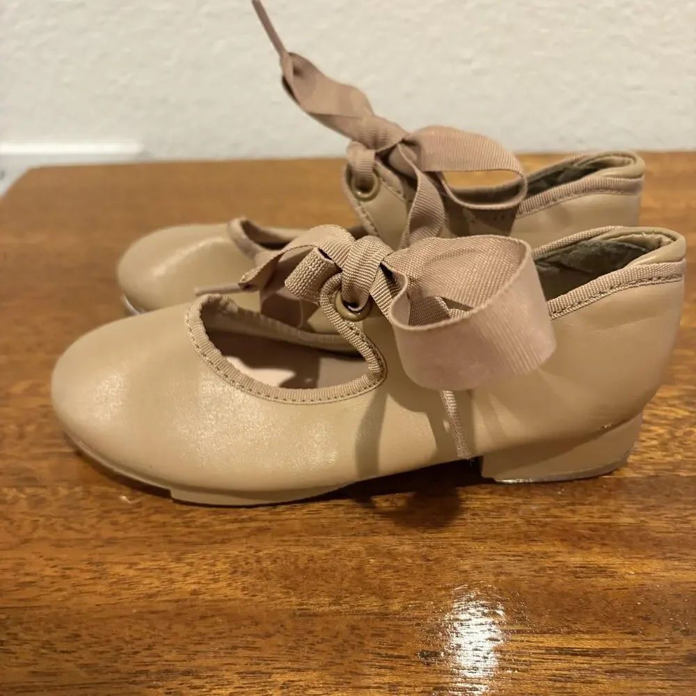 Capezio Tap Shoes‎ Girls Size 10.5 Wide Tan Mary Jane Tele Tone Ribbon Dance